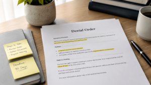 Highlighted denial order being reviewed after an Illinois Secretary of State DUI hearing.